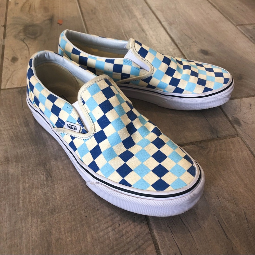 VANS BLUE CHECKERED SLIP ONS